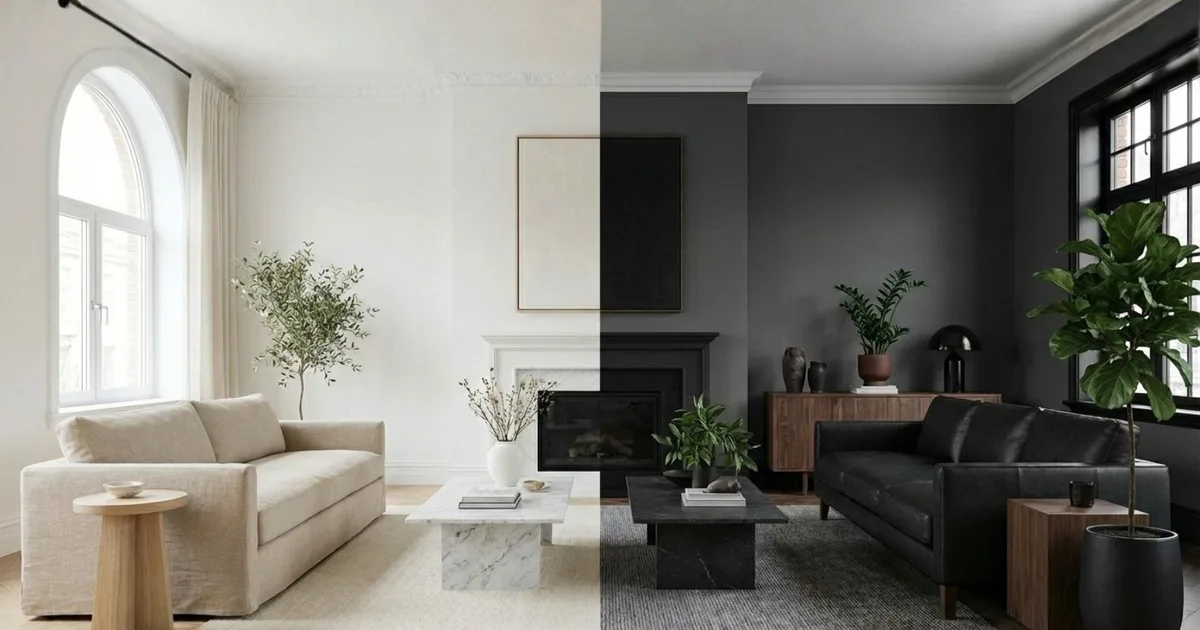 Comparação lado a lado de sala minimalista clara com tons neutros e sala escura com sofá preto e lareira